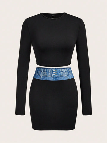 Ladies' Round Neck Long Sleeve T-Shirt And Skirt Set