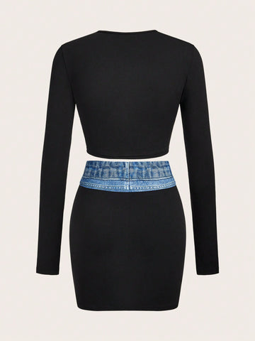 Ladies' Round Neck Long Sleeve T-Shirt And Skirt Set