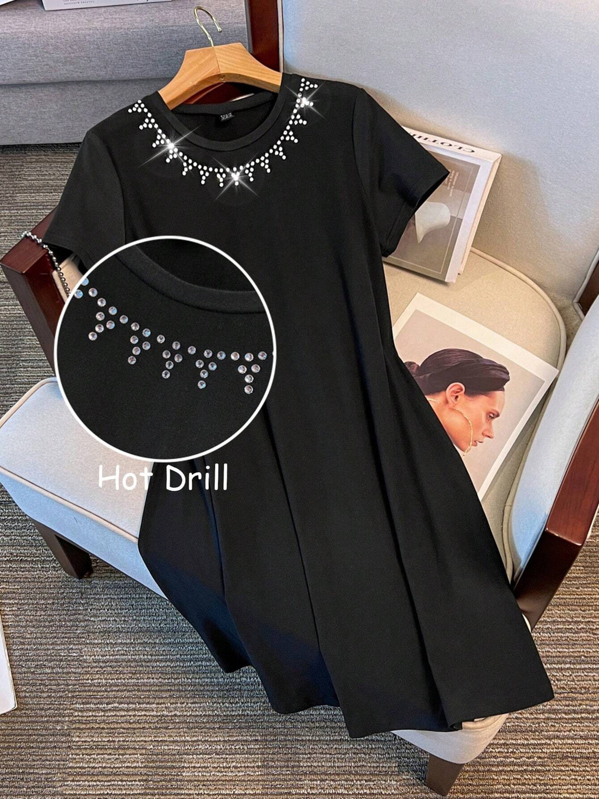 Ladies' Round Neck Short Sleeve Dress With Rhinestone Neckline