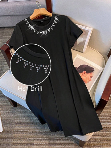 Ladies' Round Neck Short Sleeve Dress With Rhinestone Neckline