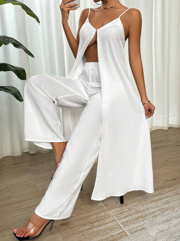 Ladies' Simple Solid Color Split Hem Cami Top Summer Tops Swimsuit Cover Up Summer Cardigan Tanks Women White Top And White Pants Linen Pants Long Pants 2pcs Set Summer Clothes Beach Women Outfits Summer Fits White Set