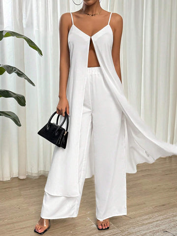 Ladies' Simple Solid Color Split Hem Cami Top Summer Tops Swimsuit Cover Up Summer Cardigan Tanks Women White Top And White Pants Linen Pants Long Pants 2pcs Set Summer Clothes Beach Women Outfits Summer Fits White Set