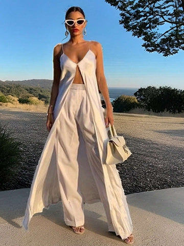 Ladies' Simple Solid Color Split Hem Cami Top Summer Tops Swimsuit Cover Up Summer Cardigan Tanks Women White Top And White Pants Linen Pants Long Pants 2pcs Set Summer Clothes Beach Women Outfits Summer Fits White Set