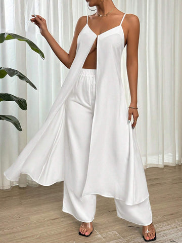 Ladies' Simple Solid Color Split Hem Cami Top Summer Tops Swimsuit Cover Up Summer Cardigan Tanks Women White Top And White Pants Linen Pants Long Pants 2pcs Set Summer Clothes Beach Women Outfits Summer Fits White Set