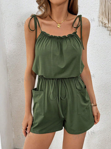 Ladies' Solid Casual Vacation Romper With Drawstring, Elastic Waistband And Pockets