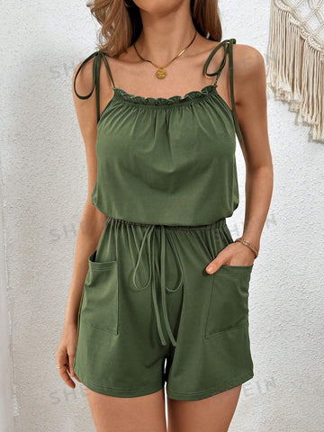 Ladies' Solid Casual Vacation Romper With Drawstring, Elastic Waistband And Pockets