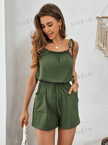 Ladies' Solid Casual Vacation Romper With Drawstring, Elastic Waistband And Pockets