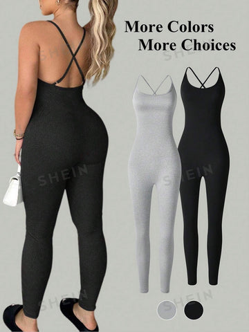 Ladies' Solid Color Cross Back Sleeveless Bodysuit Jumpsuit 2pcs/Set