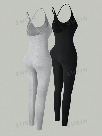 Ladies' Solid Color Cross Back Sleeveless Bodysuit Jumpsuit 2pcs/Set