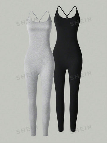 Ladies' Solid Color Cross Back Sleeveless Bodysuit Jumpsuit 2pcs/Set