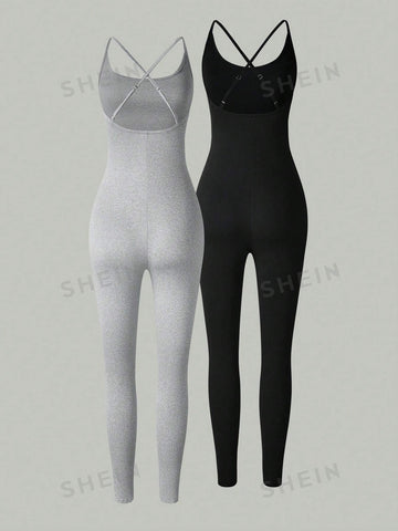 Ladies' Solid Color Cross Back Sleeveless Bodysuit Jumpsuit 2pcs/Set