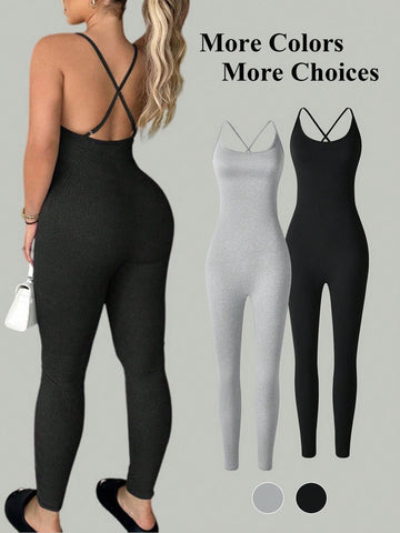 Ladies' Solid Color Cross Back Sleeveless Bodysuit Jumpsuit 2pcs/Set