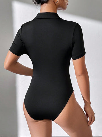 Ladies' Solid Color Pleated Bodysuit For Commuting And Casual Wear