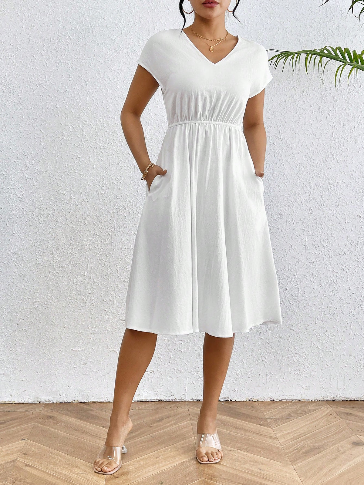 Ladies' Solid Color Simple V-Neck Dress
