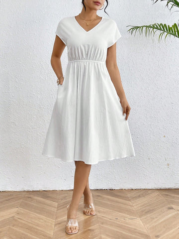 Ladies' Solid Color Simple V-Neck Dress