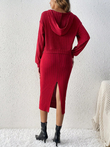 Ladies' Solid Color Split Hem Ribbed Tank Dress And Cardigan Two Piece Set