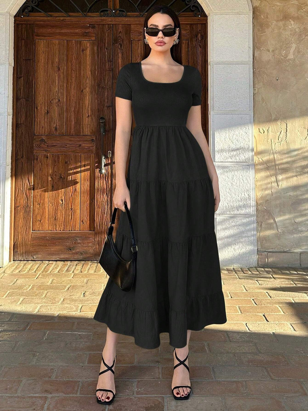 Ladies" Solid Color Square Neck Short Sleeve Long Casual Dress For Summer Vacation And