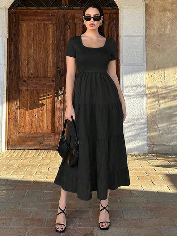Ladies" Solid Color Square Neck Short Sleeve Long Casual Dress For Summer Vacation And