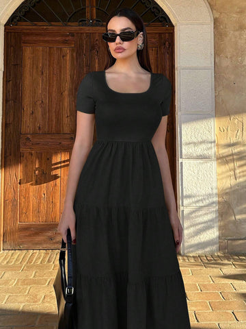 Ladies" Solid Color Square Neck Short Sleeve Long Casual Dress For Summer Vacation And