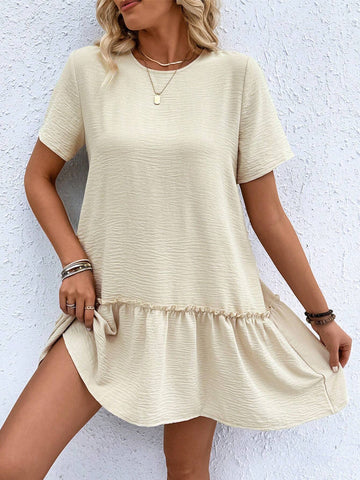 Ladies' Solid Colored Round Neck Short Sleeve Dress