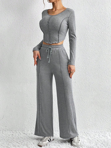 Ladies' Spliced Long Sleeve Top And Pants Set
