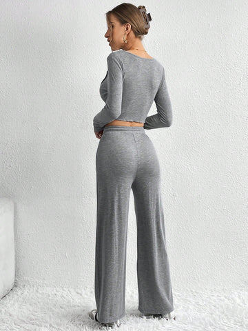 Ladies' Spliced Long Sleeve Top And Pants Set