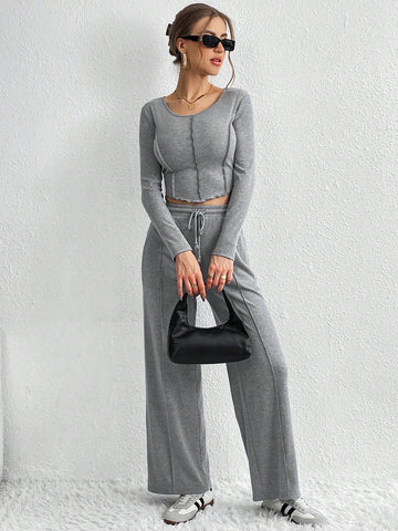 Ladies' Spliced Long Sleeve Top And Pants Set