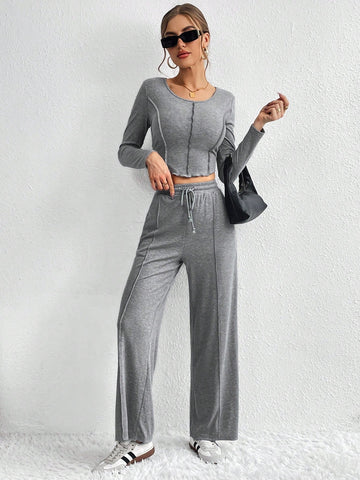 Ladies' Spliced Long Sleeve Top And Pants Set