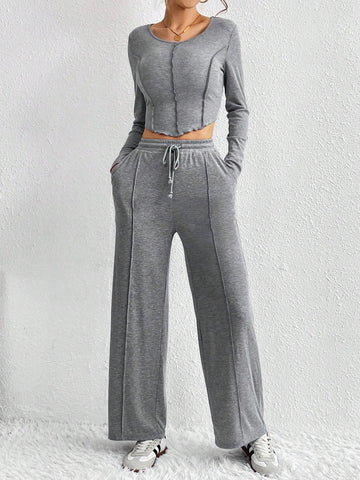 Ladies' Spliced Long Sleeve Top And Pants Set