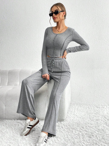 Ladies' Spliced Long Sleeve Top And Pants Set