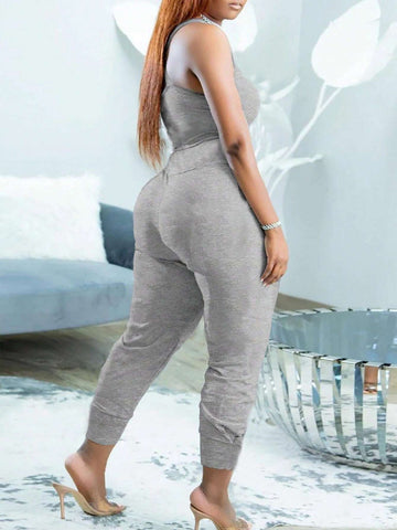 Ladies" Spring/Summer Casual Solid Color Slim Fit Sleeveless Crop Top And Drawstring Long Pants Set