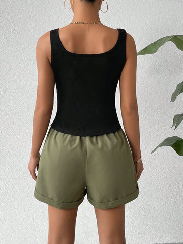 Ladies' Summer Outfits Solid Casual Color Vest And Shorts Casual Two-Piece Set