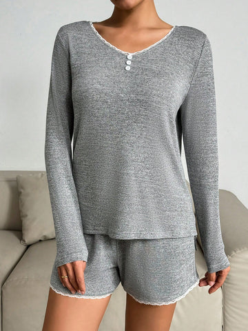 Ladies' V-Neck Long Sleeve T-Shirt And Shorts Set