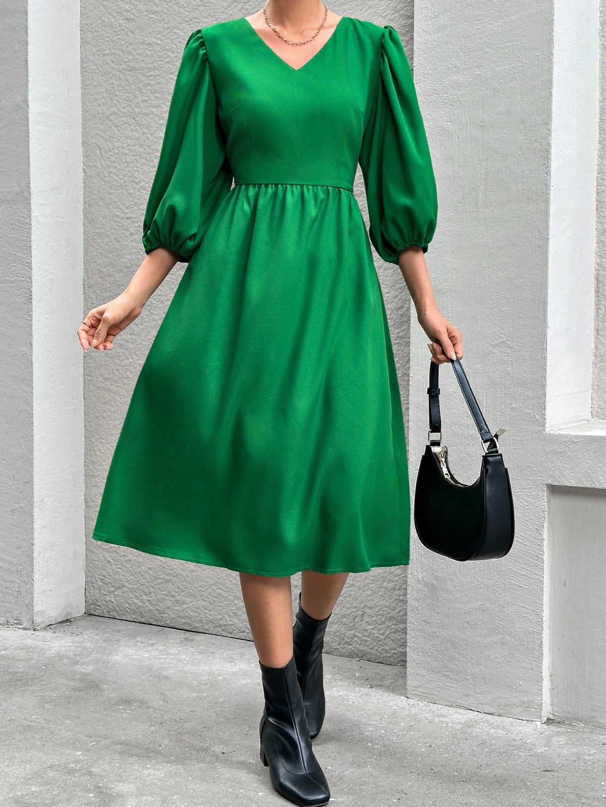 Lantern Sleeve V-Neck A-Line Dress