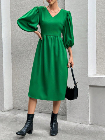 Lantern Sleeve V-Neck A-Line Dress