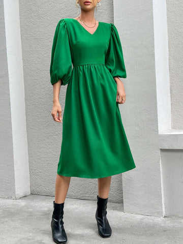 Lantern Sleeve V-Neck A-Line Dress