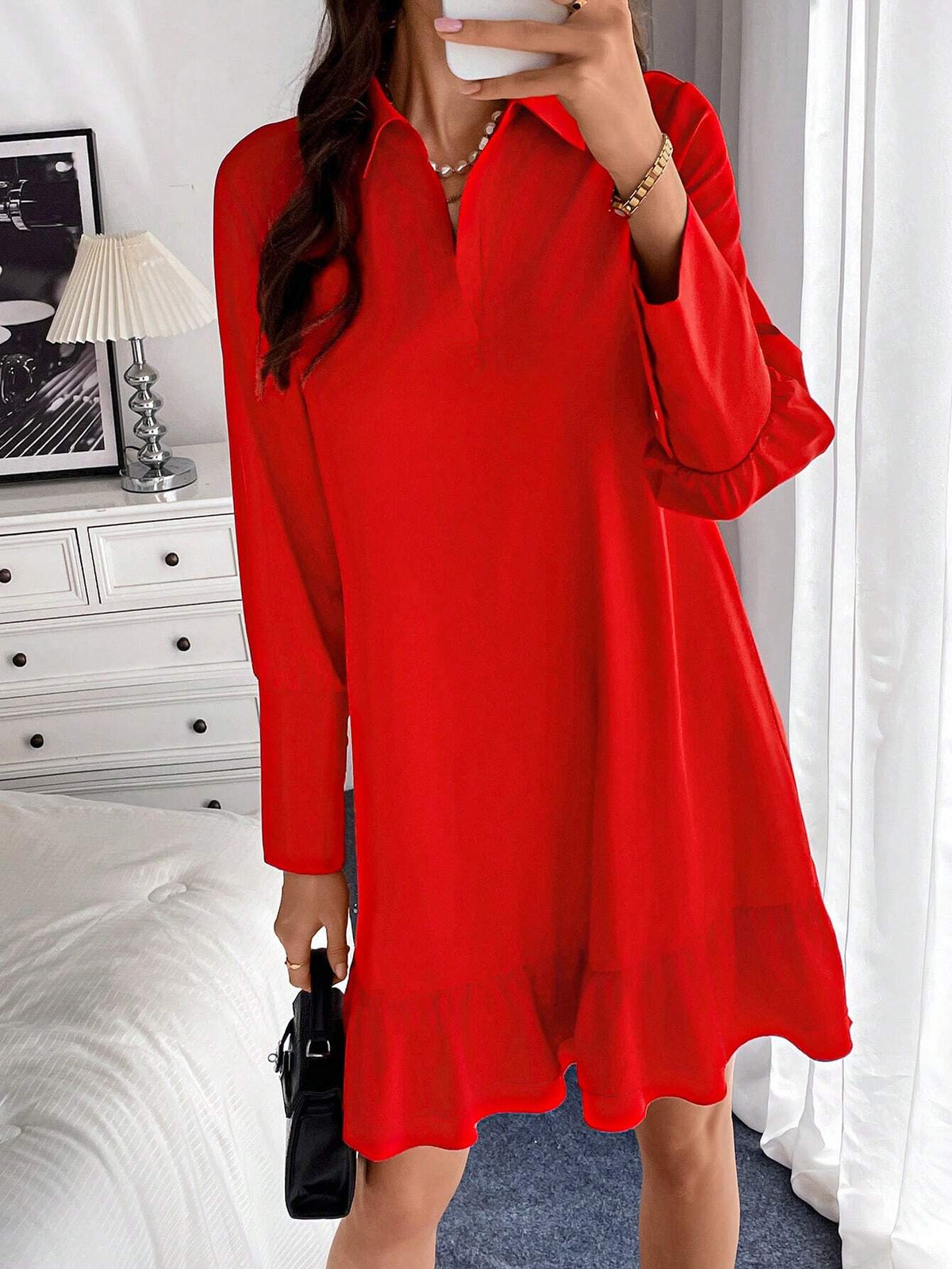 Lapel Shirt-Style Lantern Sleeve Button-Down Double-Layer Ruffled Ladies Dress