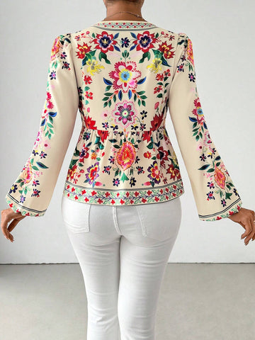 Essnce Long Sleeve Blouse For Women With Allover Print, Tie Bow & Puff Sleeves