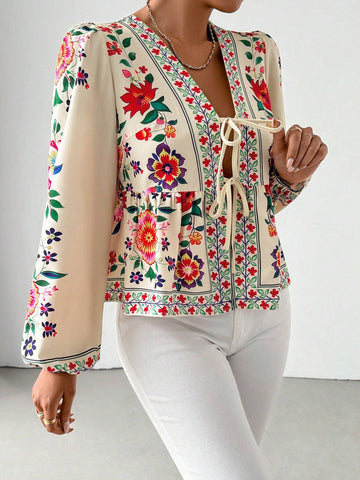 Essnce Long Sleeve Blouse For Women With Allover Print, Tie Bow & Puff Sleeves