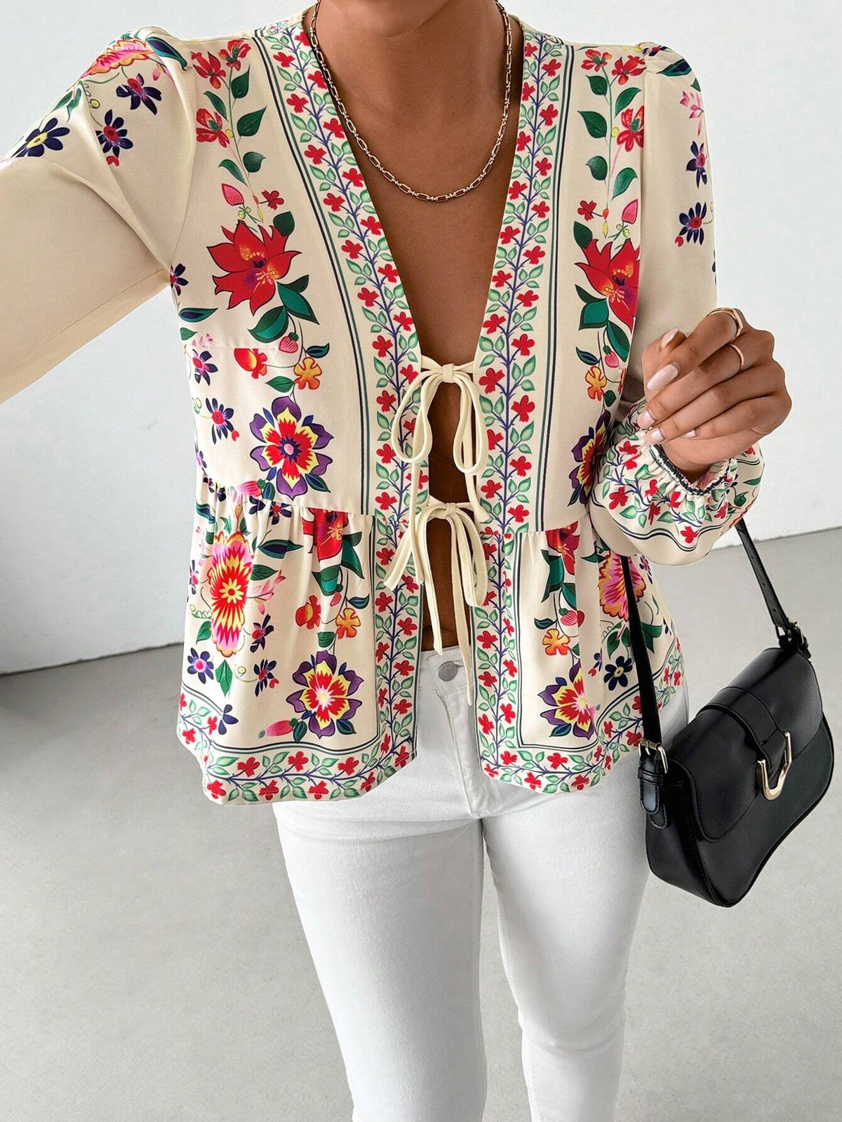 Essnce Long Sleeve Blouse For Women With Allover Print, Tie Bow & Puff Sleeves