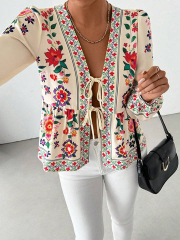 Essnce Long Sleeve Blouse For Women With Allover Print, Tie Bow & Puff Sleeves