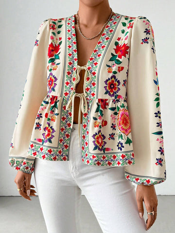 Essnce Long Sleeve Blouse For Women With Allover Print, Tie Bow & Puff Sleeves