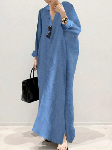Loose Batwing Sleeve Vacation Style Shirt Dress With Front Buttons