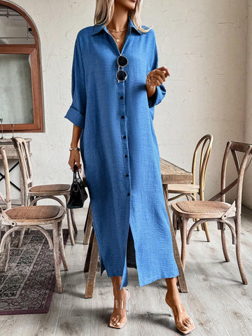 Loose Batwing Sleeve Vacation Style Shirt Dress With Front Buttons
