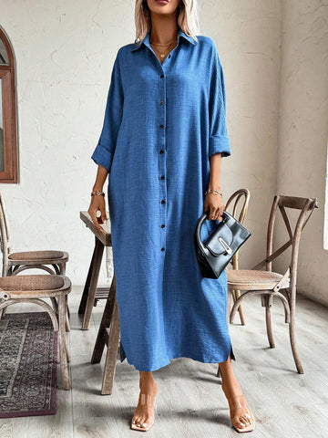 Loose Batwing Sleeve Vacation Style Shirt Dress With Front Buttons