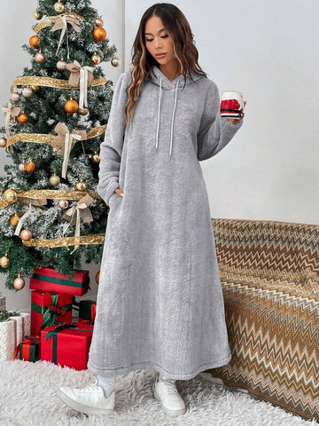 Loose Casual Fleece Hoodie Dress With Pockets, Long Sleeve