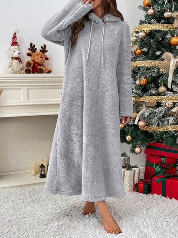 Loose Casual Fleece Hoodie Dress With Pockets, Long Sleeve