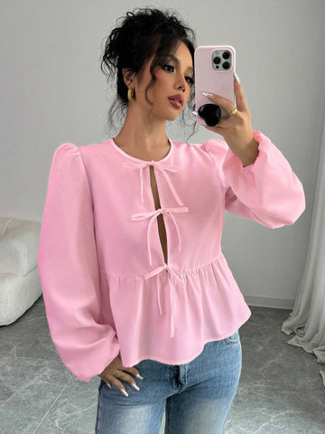 Essnce Loose Casual Front Tie Long Lantern Sleeve Blouse