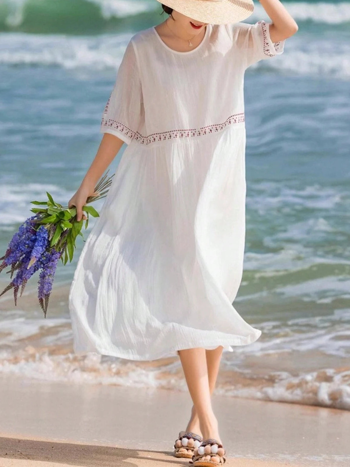 Loose Fit A-Line White Dress In Summer Hawaiian Style