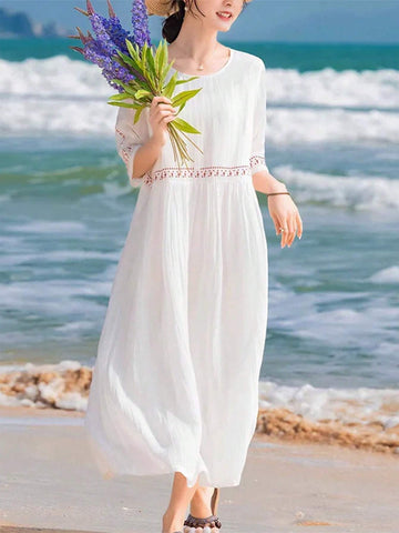 Loose Fit A-Line White Dress In Summer Hawaiian Style
